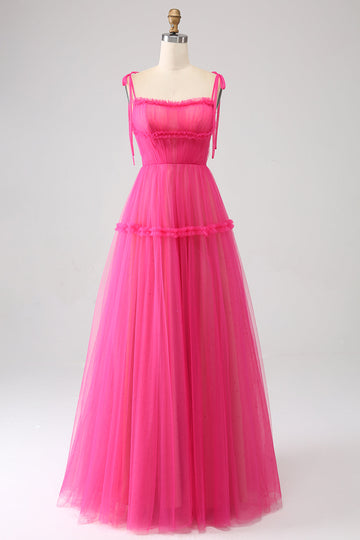 Fuchsia A-Line Ruffled Long Tulle Formal Dress
